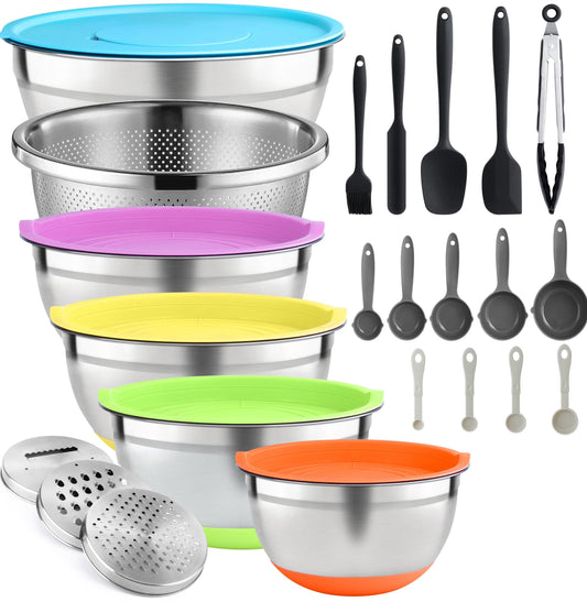 Naitesen 28PCS Mixing Bowls with Lids Colander Set, Stainless Steel Nesting Bowls with Measuring Spoons and Cups Cooking Utensils for Baking Supplies Kitchen Essentials Tools - CookCave