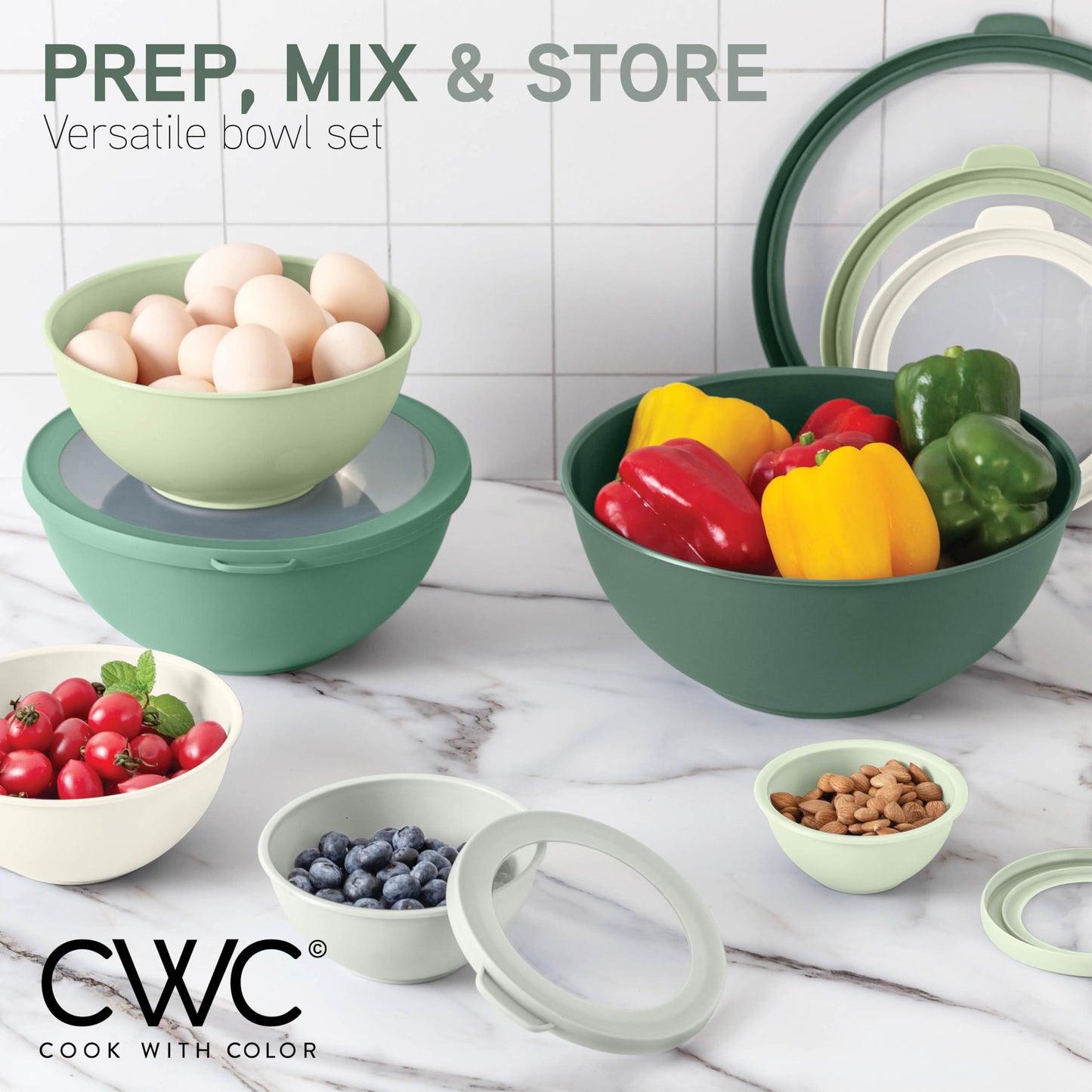 COOK WITH COLOR Mixing Bowls with TPR Lids - 12 Piece Plastic Nesting Bowls Set includes 6 Prep Bowls and 6 Lids - Microwave Safe (Sage) - CookCave