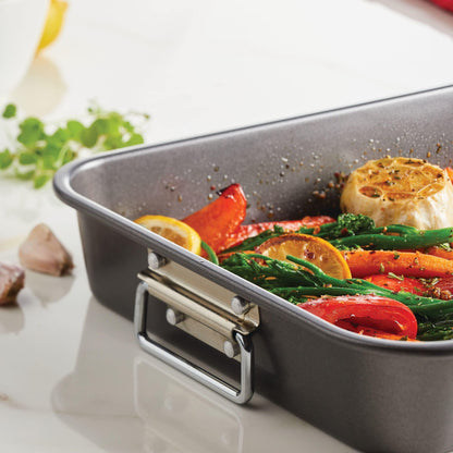 Farberware Bakeware Nonstick Steel Roaster with Flat Rack, 11-Inch x 15-Inch, Gray - CookCave