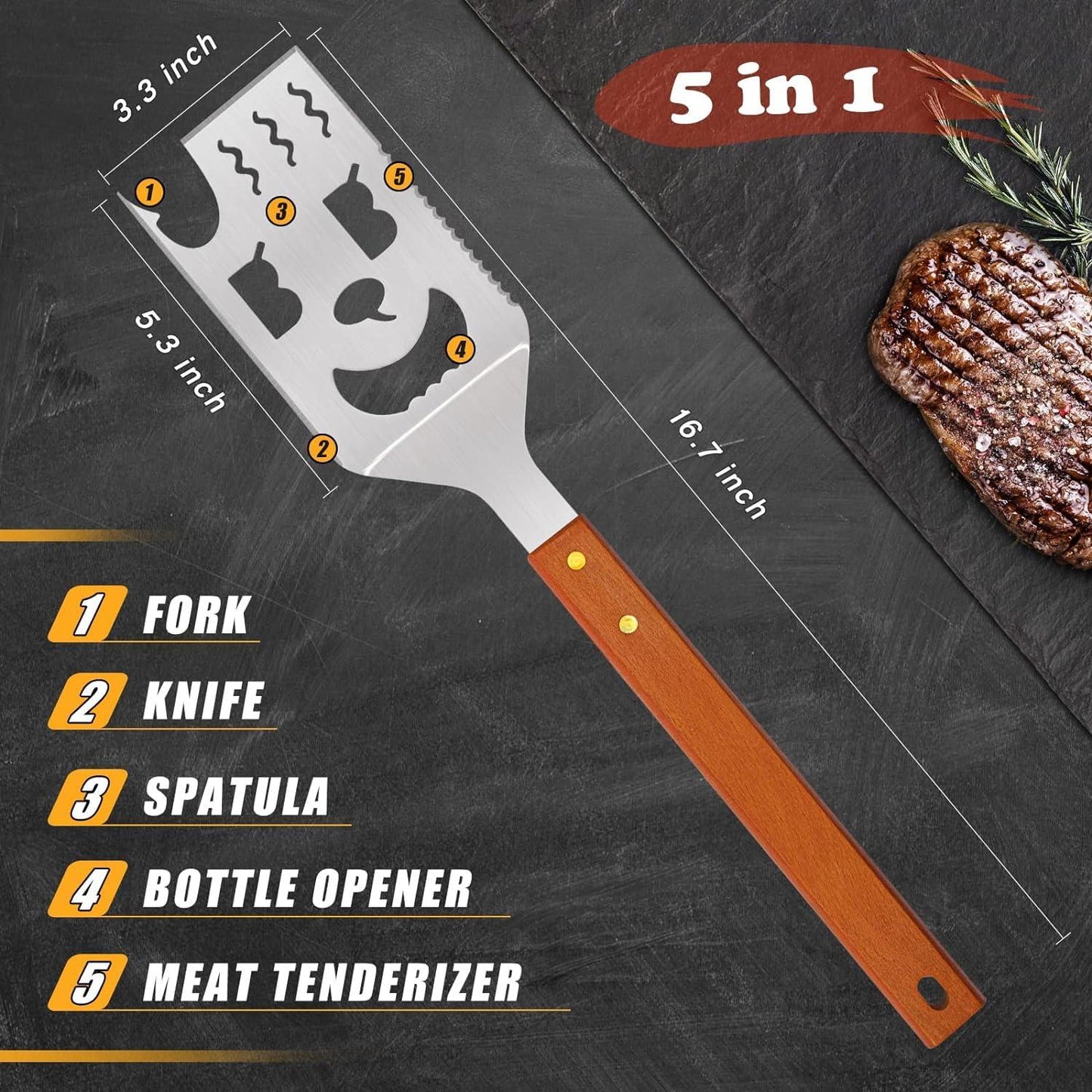 5 in 1 Grill Spatula Stainless Steel for Outdoor Grill,Personalized Spatula Grill with Flip Fork, Knife, Serrated Edge,17 Inch Multiuse Cool Long Grill Spatula for Barbecue - CookCave