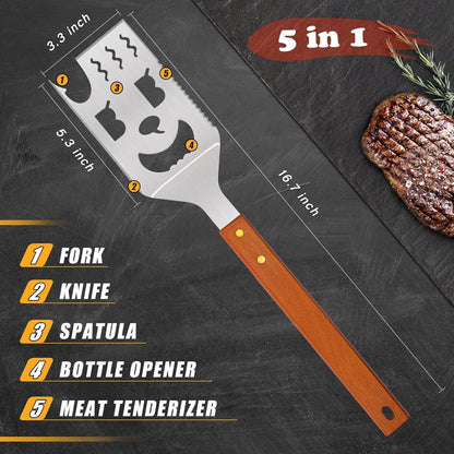 5 in 1 Grill Spatula Stainless Steel for Outdoor Grill,Personalized Spatula Grill with Flip Fork, Knife, Serrated Edge,17 Inch Multiuse Cool Long Grill Spatula for Barbecue - CookCave
