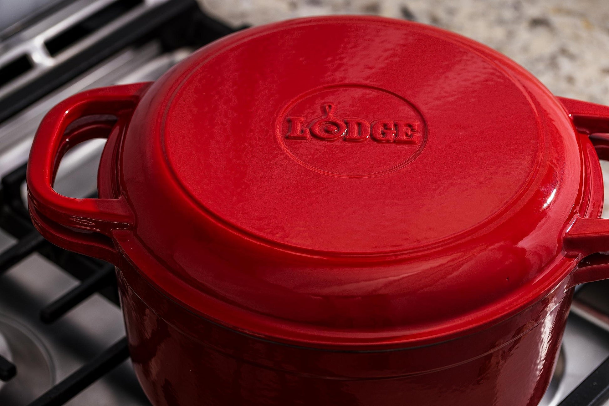 Lodge 7 Quart Essential Enameled Cast Iron Double Dutch Oven- Dual Handles – Lid Doubles as Grill Pan, Oven Safe up to 500° F or on Stovetop - Use to Marinate, Cook, Bake, Refrigerate & Serve – Red - CookCave