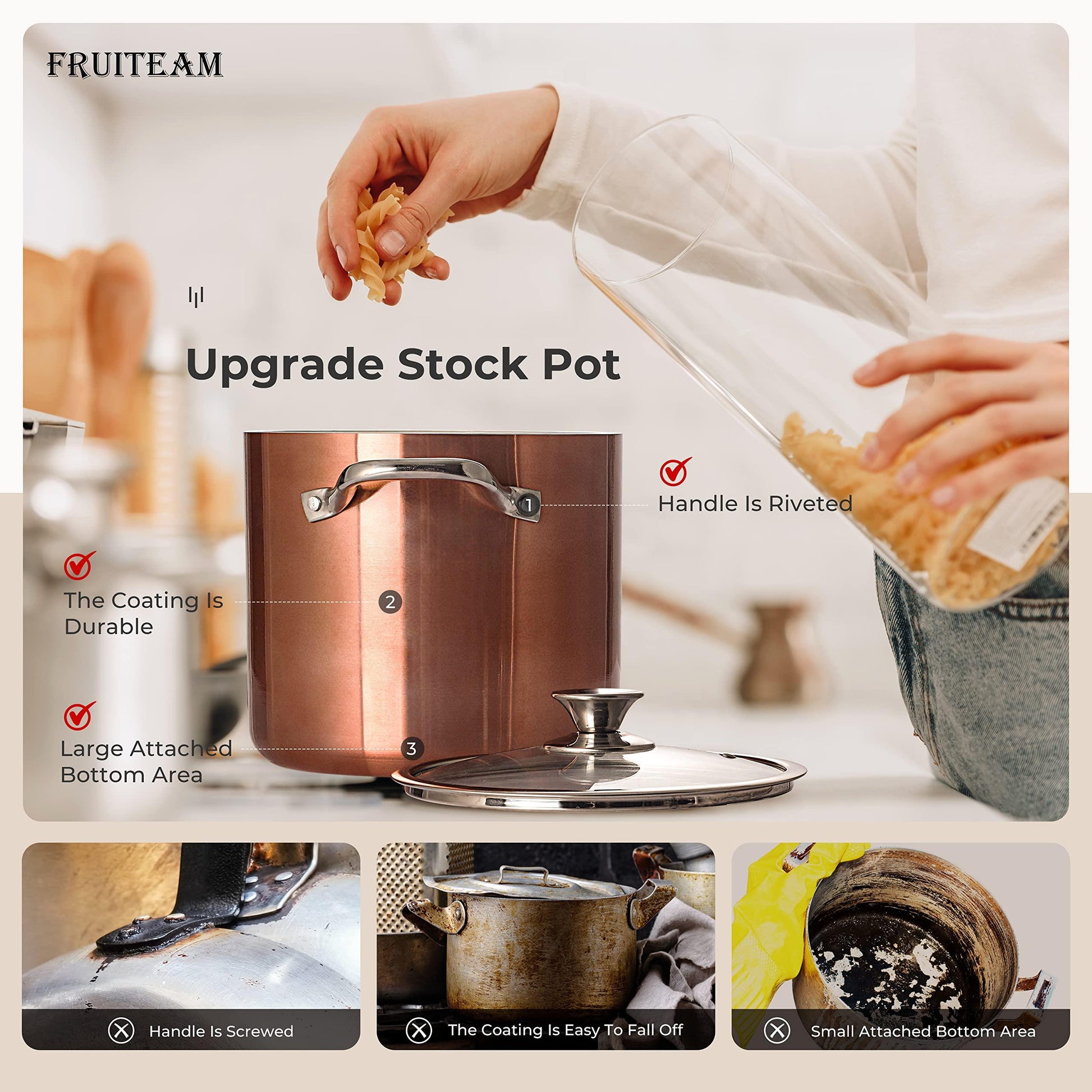 FRUITEAM Nonstick Stock Pot 7 Qt Soup Pasta Pot with Lid, 7-Quart Multi Stockpot Oven Safe Cooking Pot for Stew, Sauce & Reheat Food, Induction/Oven/Gas/Stovetops Compatible for Family Meals - CookCave