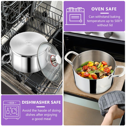 P&P CHEF Tri-Ply Stainless Steel Stockpot (5 QT), Large Stock pot with Visible Lid for Soup Pasta Vegetable, Induction Cooking Pot for All Stoves, Heavy-Duty Pot with Double Handle, Dishwasher Safe - CookCave