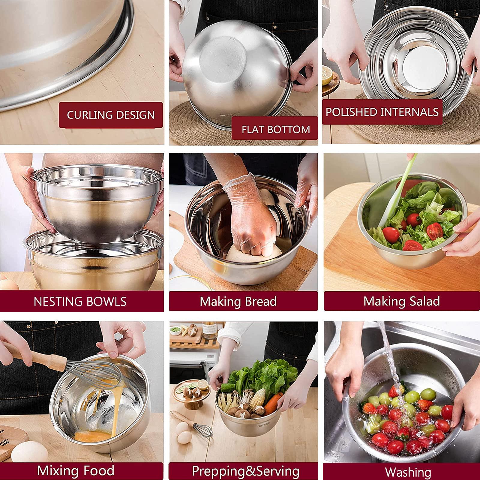 Mixing Bowls with Airtight Lids, 23PCS Large Stainless Steel Mixing Bowl Set & 400ML Measuring Cups & Baking Tools, Kitchen Utensils Metal Nesting Bowl 7/6/4.5/3.5/2.5QT for Prepping Cooking Serving - CookCave