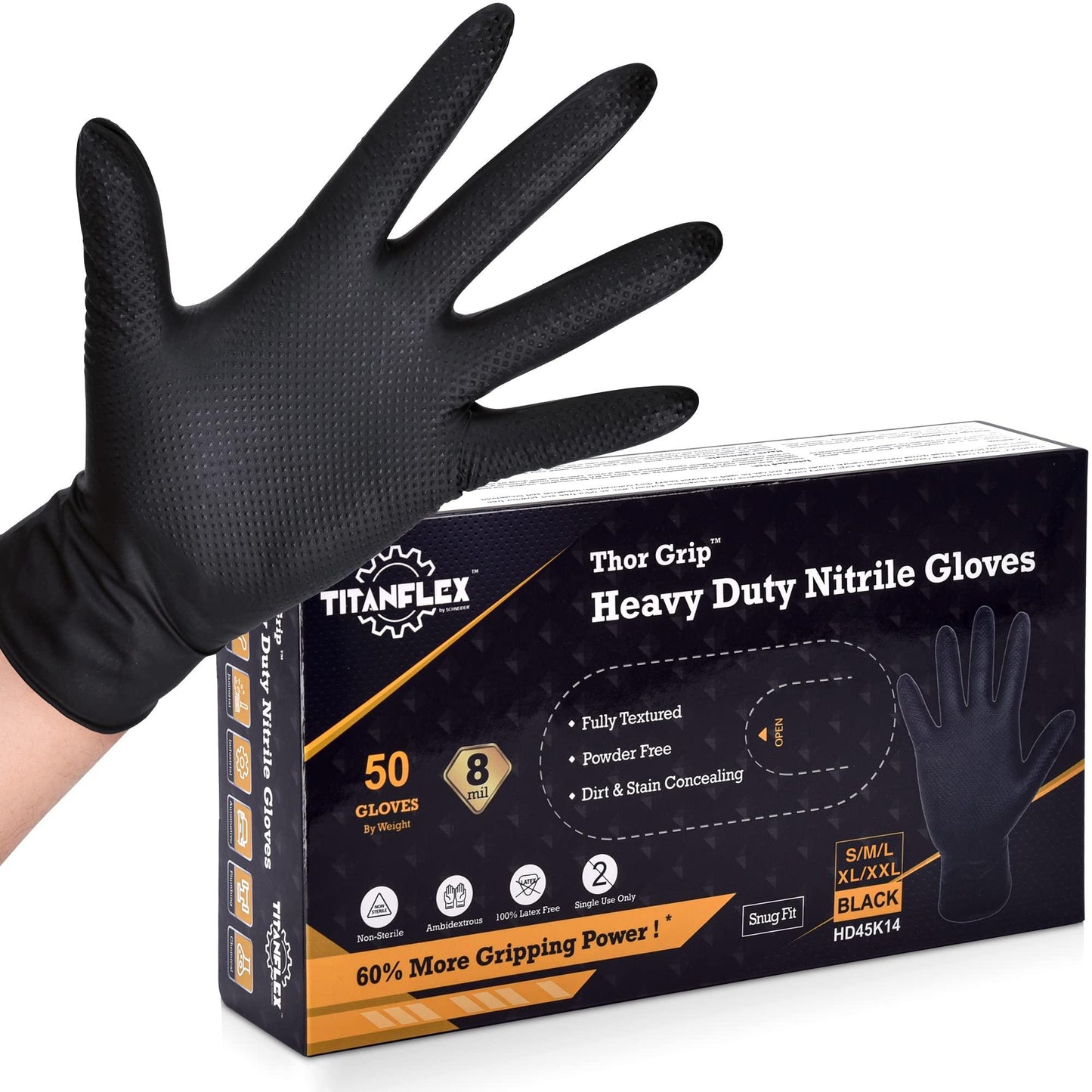 TITANflex Thor Grip Heavy Duty Black Industrial Nitrile Gloves, 8-mil, XL, Box of 50, Gloves Disposable Latex Free with Raised Diamond Texture Grip, Powder Free, Rubber Gloves, Mechanic Gloves - CookCave