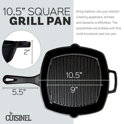 Cuisinel Cast Iron Square Grill Pan + Glass Lid - 10.5" Pre-Seasoned Ridged Skillet + Handle Cover + Pan Scraper - Grill, Stovetop, Fire Safe - Indoor and Outdoor Use - for Grilling, Frying, Sauteing - CookCave