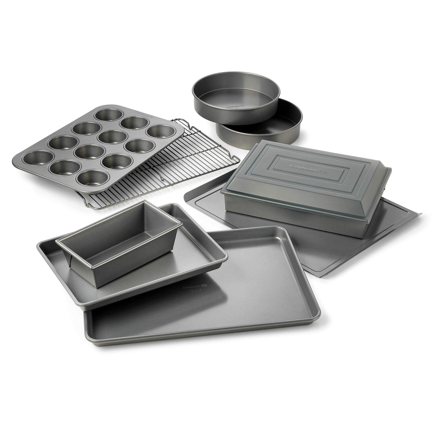Calphalon Nonstick Bakeware Set, 10-Piece Set Includes Baking Sheet, Cookie Sheet, Cake Pans, Muffin Pan, and More, Dishwasher Safe, Silver - CookCave