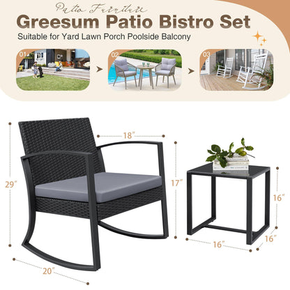 Greesum 3 Pieces Outdoor Furniture Set Patio Bistro Rocking Chairs with Glass Coffee Table for Pool Beach Backyard Balcony Porch Deck Garden, Gray - CookCave