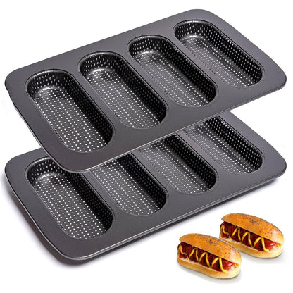 Yomvzake Hot Dot Bun Pan Set of 2, Perforated Carbon Steel Non-Stick Hotdog Bun Mold Bread Forms Crispy Mini Baguette Sandwich Baking Tray for Hot Dog Bun Rolls - CookCave