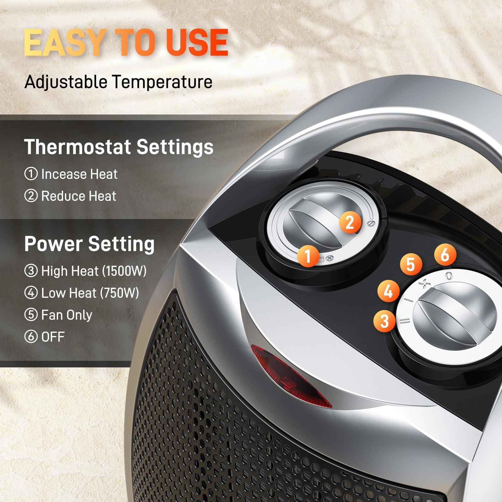 Rintuf Small Space Heater, 1500W Electric Heater, PTC Fast Heating Ceramic Heater w/ 3 Modes, Adjustable Thermostat, Overheat/Tip-Over Protection, Portable Heater for Office Room Desk Indoor Use - CookCave