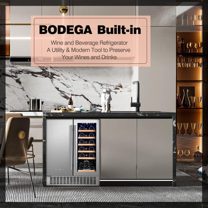 BODEGA 24 Inch Beverage and Wine Cooler, Built-in and Freestanding Wine Beverage Refrigerator Dual Zone, Holds 57 Cans and 18 Bottles, with Independent Temperature Control,Upgraded Compressor Quiet - CookCave