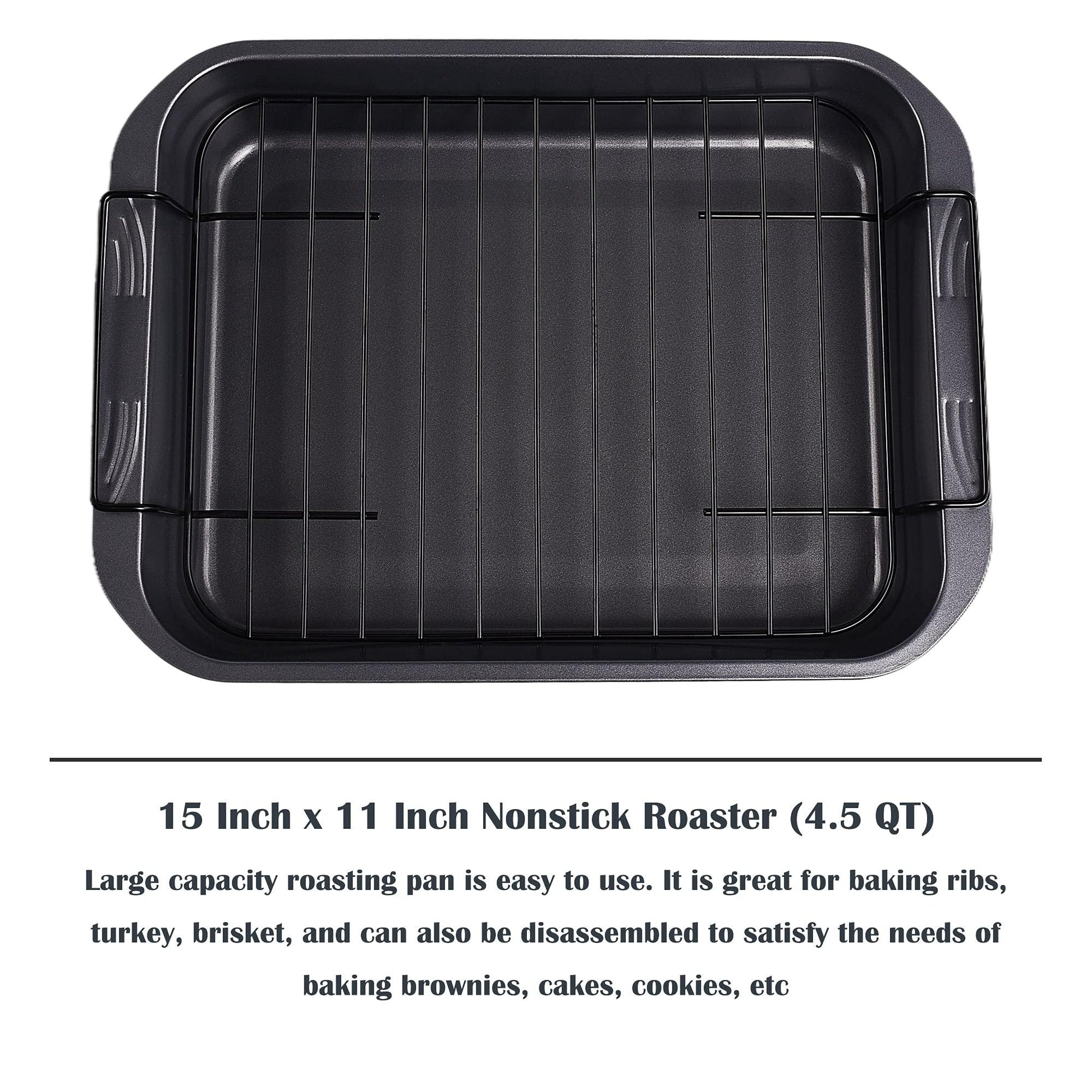 kitCom Bakeware Nonstick Roaster, Nonstick Roasting Pan with Rack, Great For Roast Chicken, Roasts And Turkeys - 15 Inch x 11 Inch (5.8 QT), Gray - CookCave