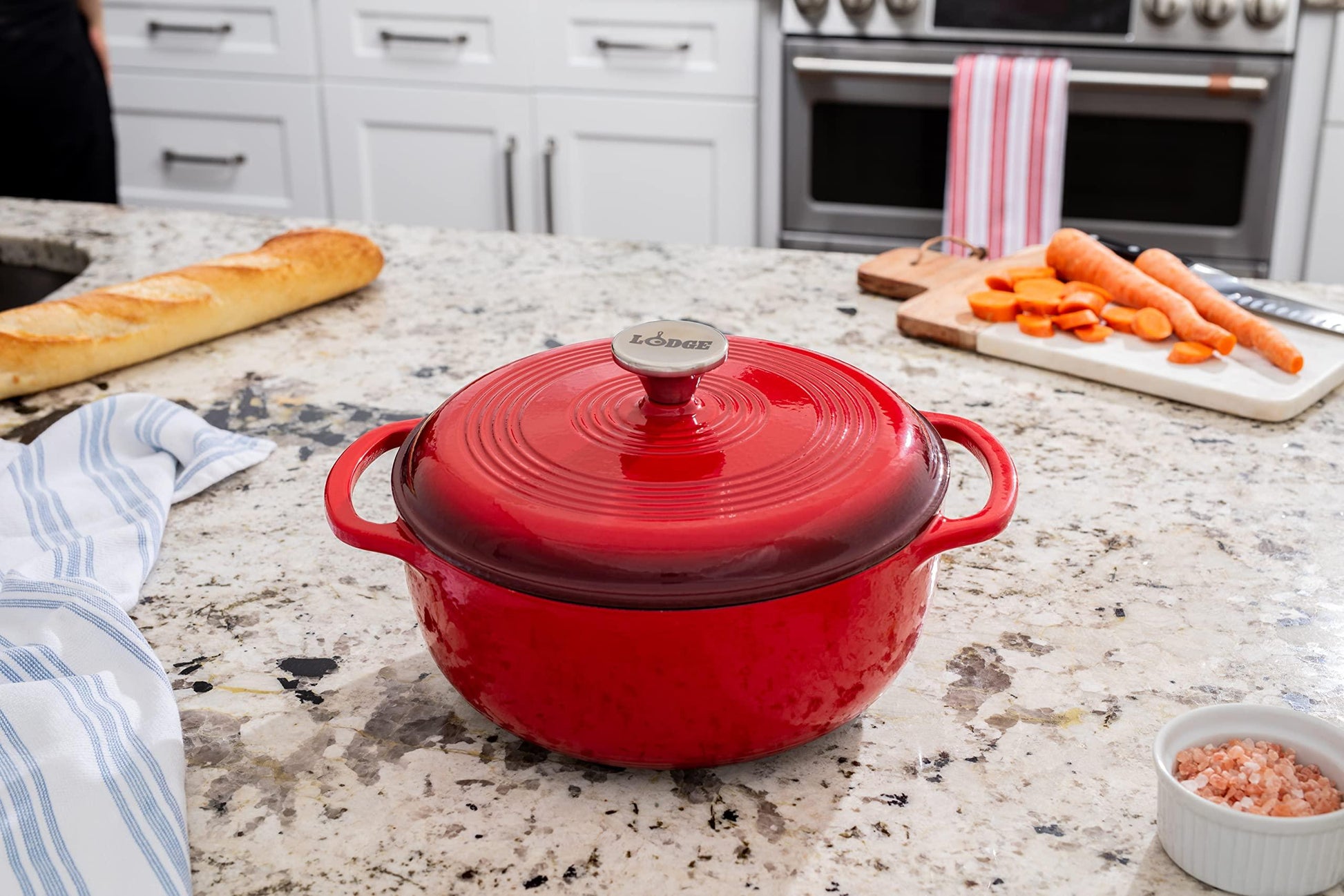 Lodge 4.5 Quart Enameled Cast Iron Dutch Oven with Lid – Dual Handles – Oven Safe up to 500° F or on Stovetop - Use to Marinate, Cook, Bake, Refrigerate and Serve – Island Spice Red - CookCave