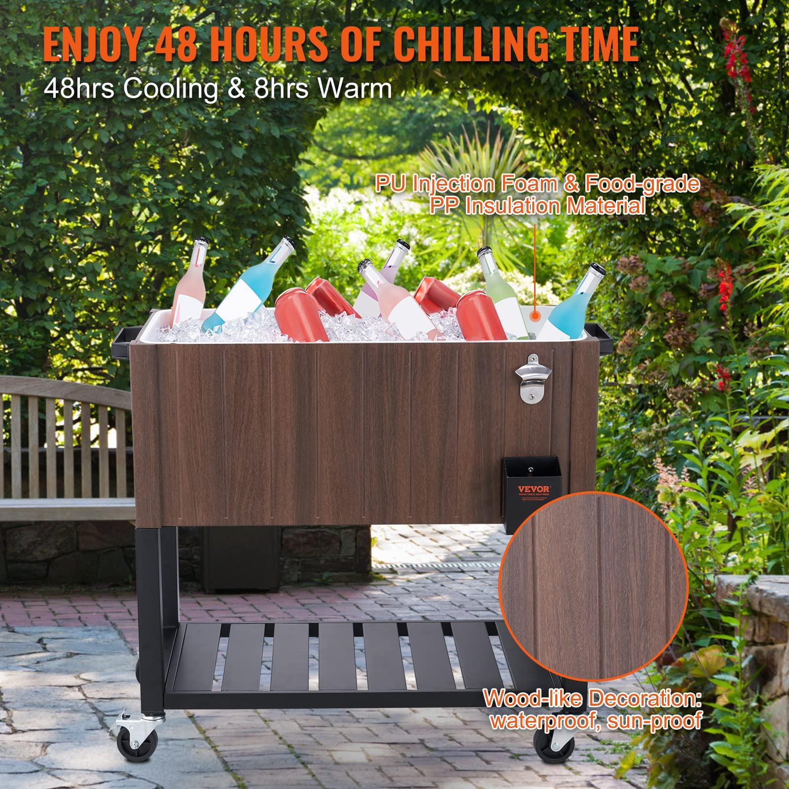 VEVOR Rolling Ice Chest Cooler Cart 80 Quart, Portable Bar Drink Cooler, Beverage Bar Stand Up Cooler with Wheels, Bottle Opener, Handles for Patio Backyard Party Pool, Wooden Teak Accent, Brown - CookCave