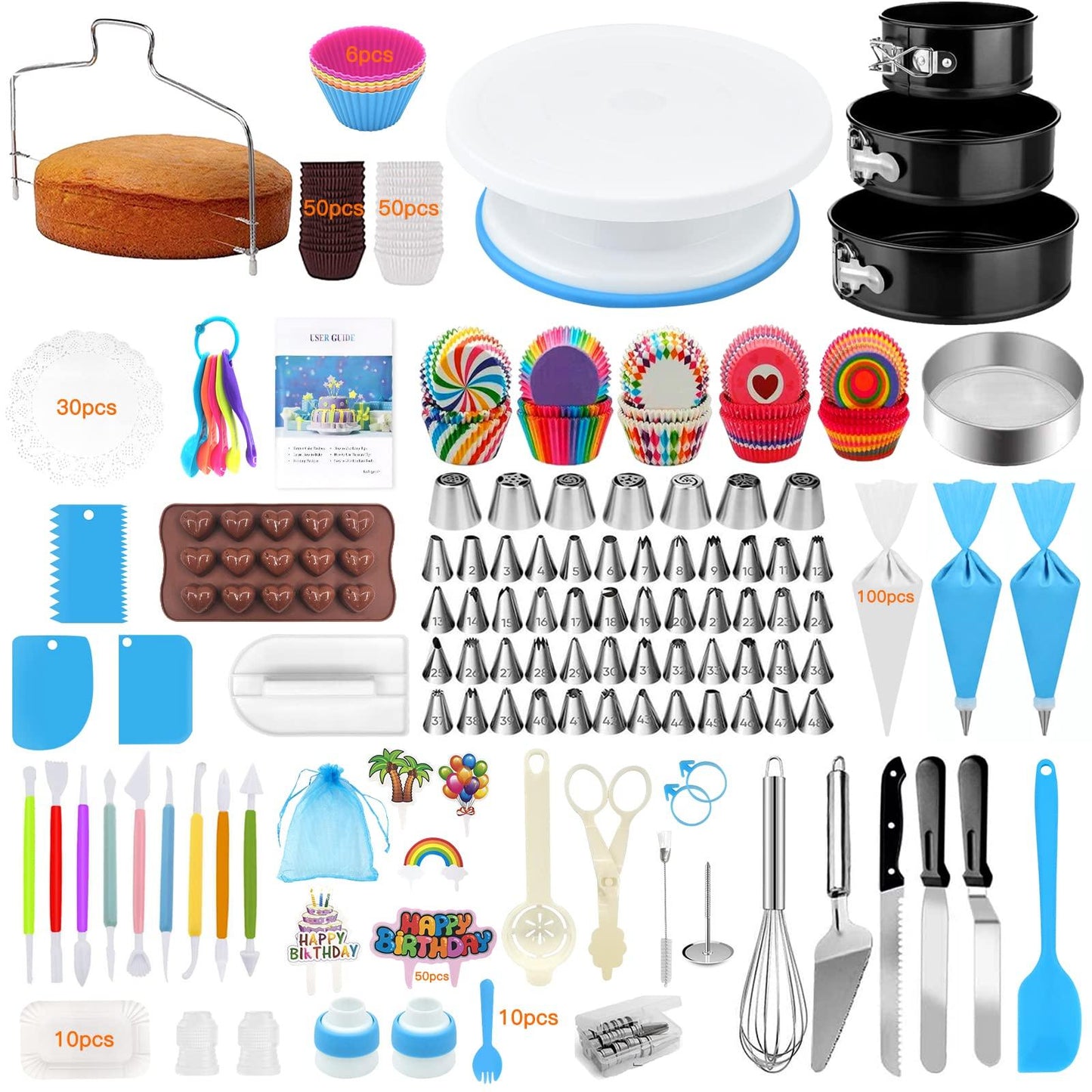 Cake Decorating Supplies, 507 PCS Cake Decorating Kit 3 Packs Springform Cake Pans, Cake Rotating Turntable, 48 Piping Icing Tips, 7 Russian Nozzles, Chocolate Mold Baking, Mother's Day Gift Ideas - CookCave