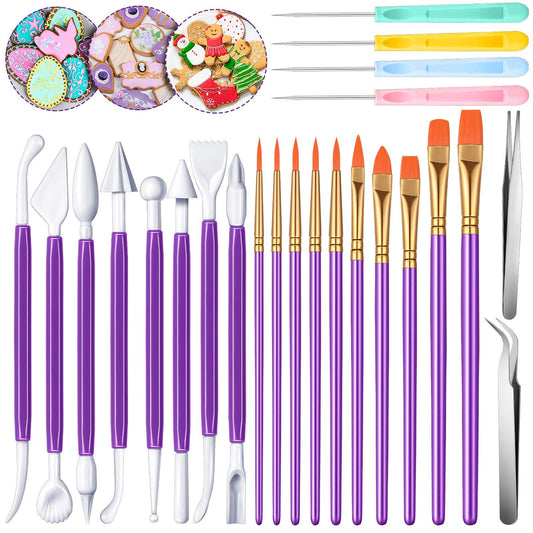 24 Pieces Cookie Decorating Tool Set Fondant Cake Decorating Tool Set Include Decoration Brushes Sugar Stir Needle Fondant Modeling Tool Elbow and Straight Tweezer for Cookie Cake Decoration (Purple) - CookCave