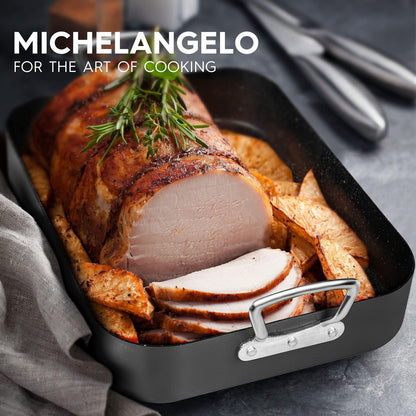 MICHELANGELO Roasting Pan with Rack, Hard Anodized Turkey Roaster Pan, Large Turkey Roasting Pan for Oven, Nonstick Rectangular Roaster Pan with Rack, 16 Inch x 12 Inch - CookCave