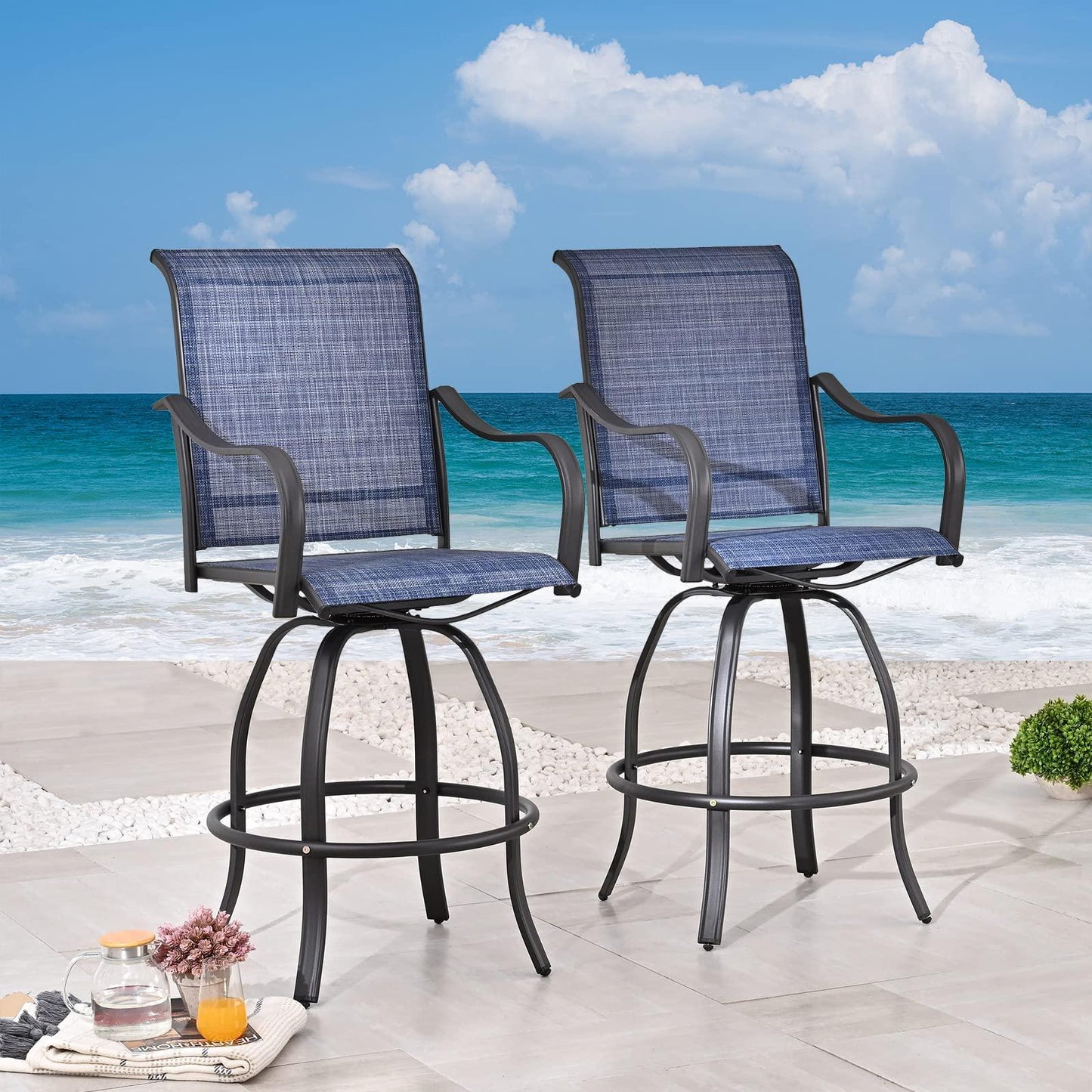 Festival Depot 2pcs Bar Bistro Patio Dining Chairs Textilene High Stools 360° Swivel Chairs with Curved Armrest and Metal Frame Outdoor Furniture for Garden Pool All-Weather (Blue) - CookCave