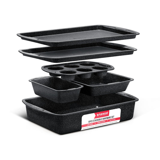 Bakken Swiss - Bakeware Set – 6 Piece – Stackable, Deluxe, Non-Stick Baking Pans for Professional and Home Cooking – Carbon Steel, Gray Stone Coating - CookCave