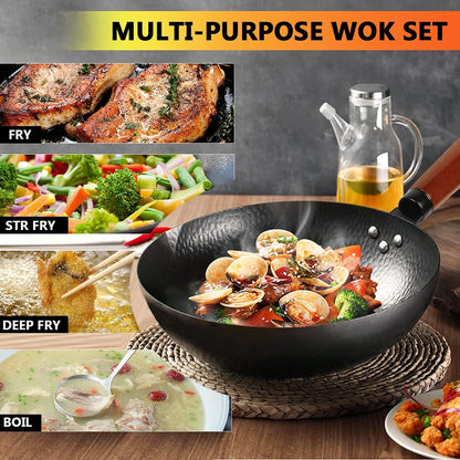 kaqinu Carbon Steel Wok Pan, 14 Piece Woks & Stir-Fry Pans Set with Wooden Lid Cookwares, No Chemical Coated Flat Bottom Chinese Pan for Induction, Electric, Gas, Halogen All Stoves - 12.6'' - CookCave