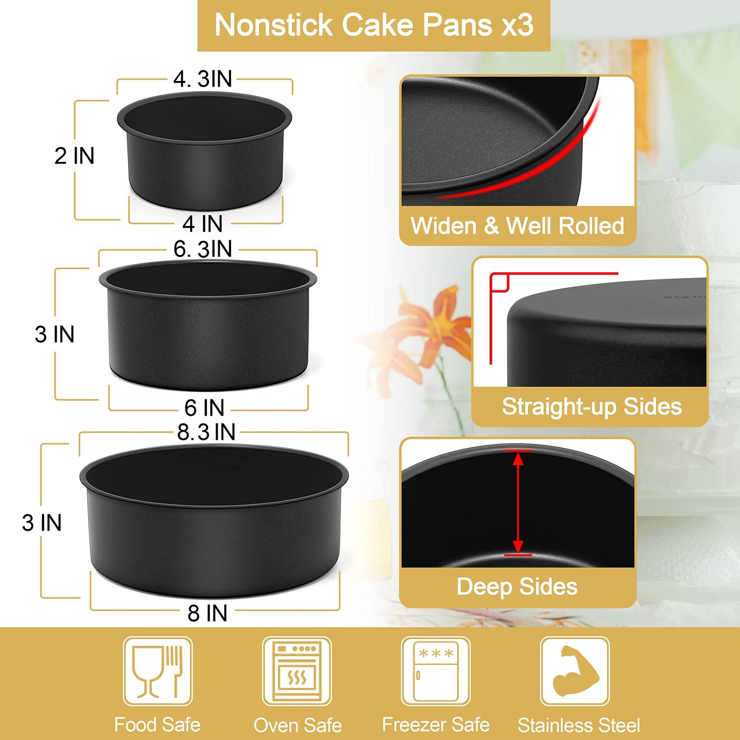 E-far Deep Cake Pan Set of 3 (4/6/8 Inch), Nonstick Stainless Steel Round Cake Pans Tins for Baking Layer Wedding Cakes, Stainless Steel Core & Nontoxic Coating, Deep & Straight Side - CookCave