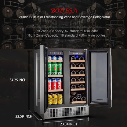 BODEGA 24 Inch Beverage and Wine Cooler, Built-in and Freestanding Wine Beverage Refrigerator Dual Zone, Holds 57 Cans and 18 Bottles, with Independent Temperature Control,Upgraded Compressor Quiet - CookCave