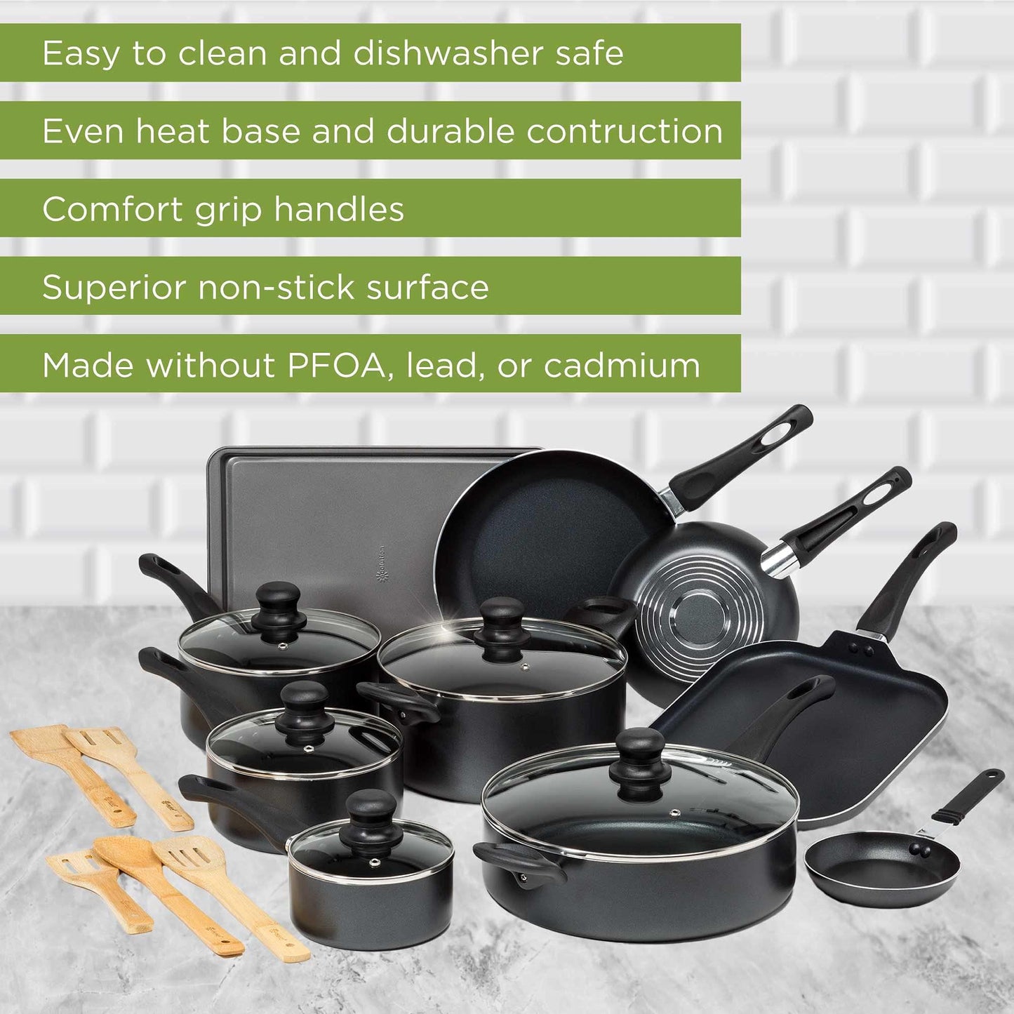 Ecolution Easy Clean Nonstick Cookware Set, Dishwasher Safe Kitchen Pots and Pans Set, Comfort Grip Handle, Even Heating, Ultimate Food Release, 20-Piece, Black - CookCave