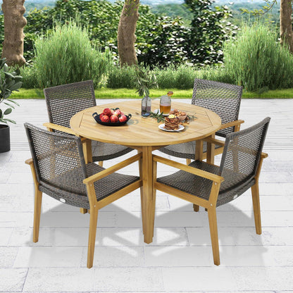 Tangkula 5 Pieces Patio Dining Set, 4 Patio Wicker Armchairs and Round Acacia Wood Dining Table, Outdoor Table and Chairs Set for Backyard, Poolside, Garden - CookCave