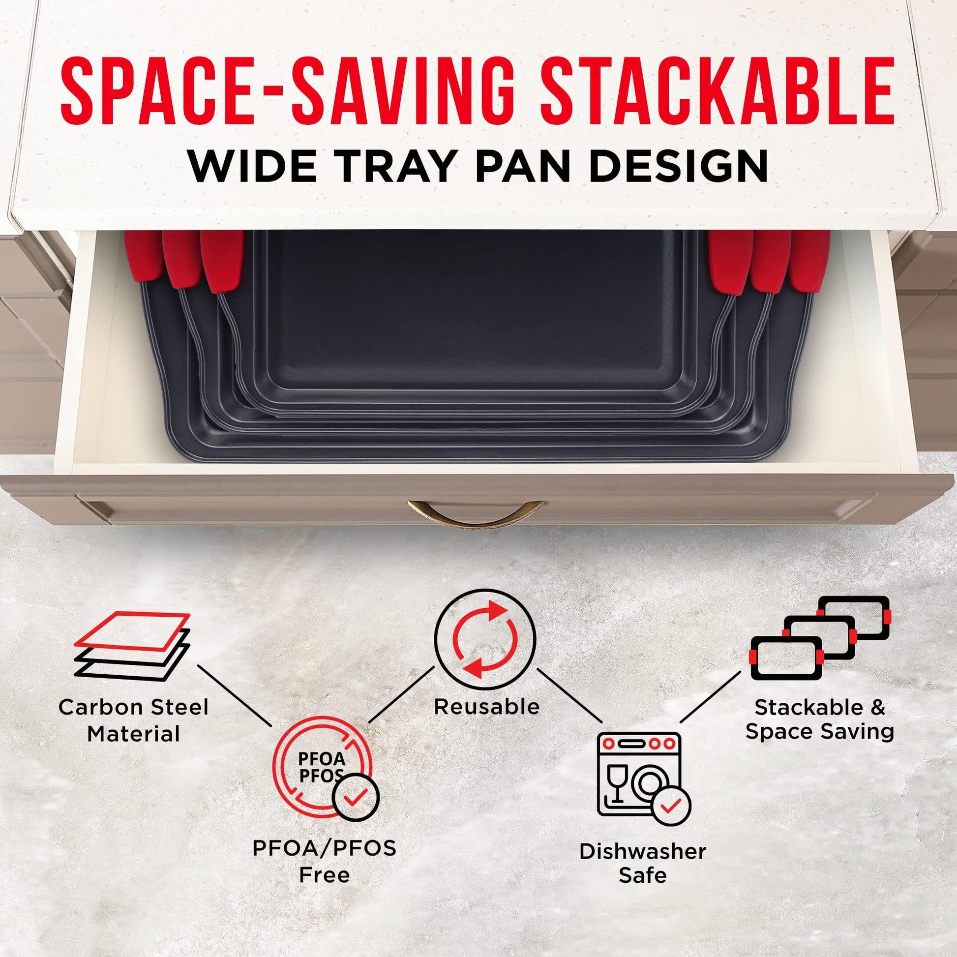 Baking Pan Set – 3 Piece Cookie Sheet – Deluxe Black Non-Stick Carbon Steel – Silicone Handles – Commercial Grade Restaurant Quality – PFOA PFOS and PTFE Free by Bakken - CookCave