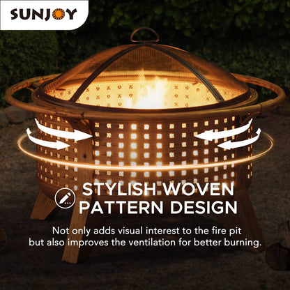 Sunjoy 30 in. Outdoor Wood-Burning Fire Pit, Patio Woven Round Steel Firepit Large Fire Pits for Outside with Spark Screen and Poker - CookCave