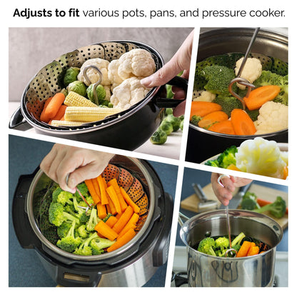 Kitchen Deluxe Vegetable Steamer Basket - Fits Instant Pot Pressure Cooker 3, 5, 6 Qt & 8 Quart - 100% Stainless Steel - Accessories Include Safety Tool + Julienne Peeler + eBook - For Instapot - CookCave