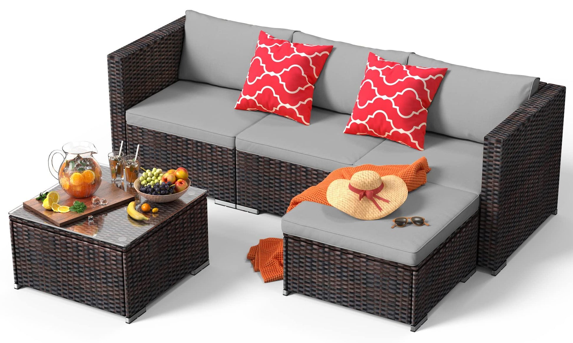 Qsun Outdoor Patio Sofa Set PE Wicker Rattan Sectional Conversation Sofa with a Glass Coffee Table for Backyard Porch Poolside Patio(Brown Rattan, Grey Cushion) - CookCave