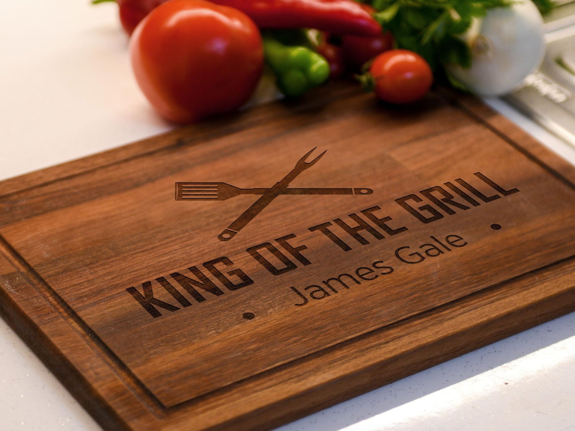 King of the Grill, Cutting Board, Personalized Cutting Boards for Men and Dad, Fathers Day, Dad's Birthday, Christmas Gift, Custom Cooking Gift, BBQ Gifts, Kitchen Gift, With Apron and Display Stand - CookCave