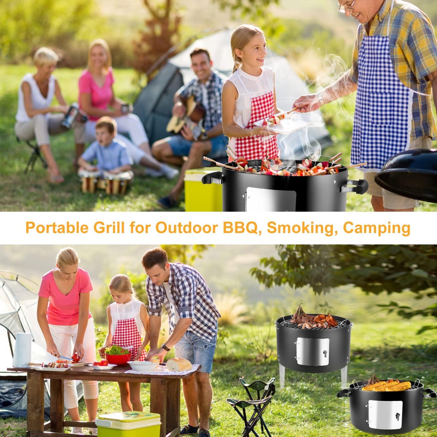 SUNLIFER Portable Charcoal BBQ Grill: Outdoor Small Charcoal Grills with Meat Smoker Combo for Backyard Patio Barbecue | Outdoor Smoking | Camping BBQ | Outside Cooking - CookCave