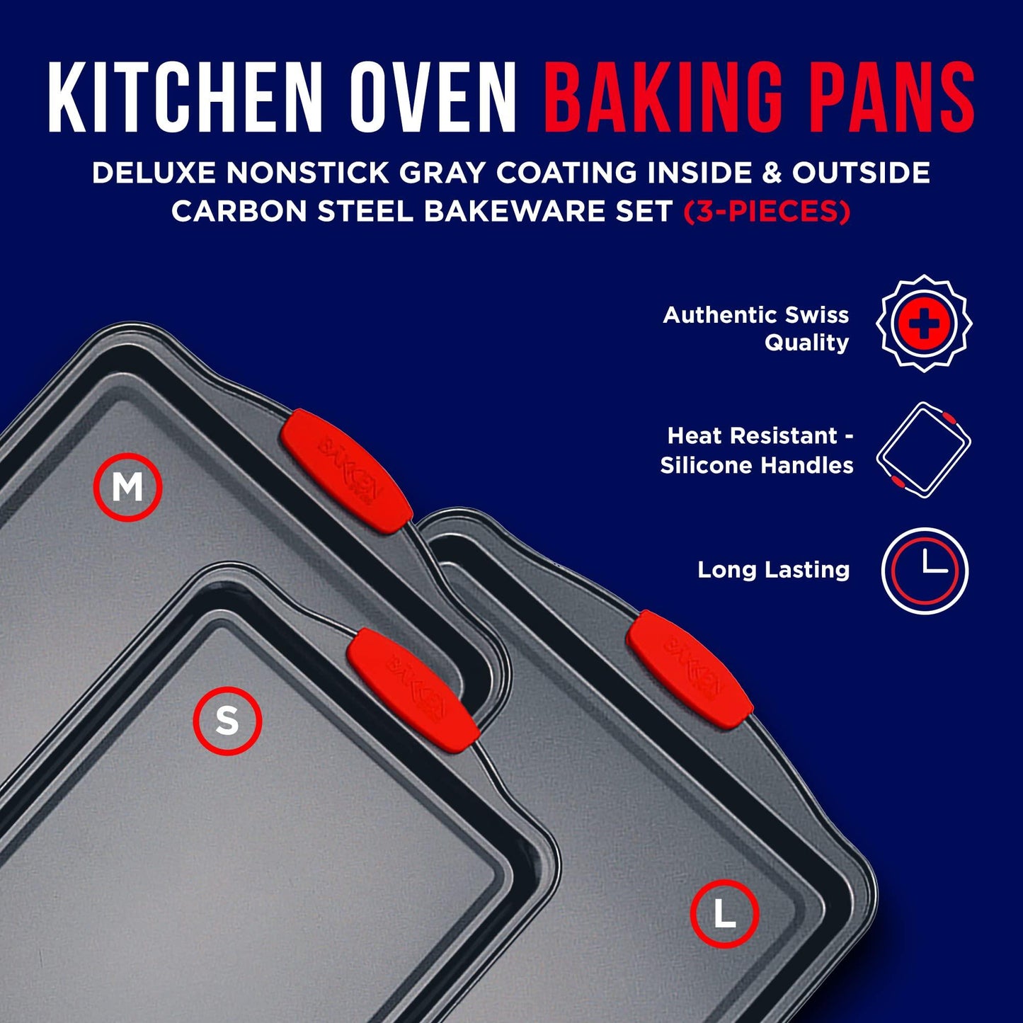 Baking Pan Set – 3 Piece Cookie Sheet – Deluxe Black Non-Stick Carbon Steel – Silicone Handles – Commercial Grade Restaurant Quality – PFOA PFOS and PTFE Free by Bakken - CookCave
