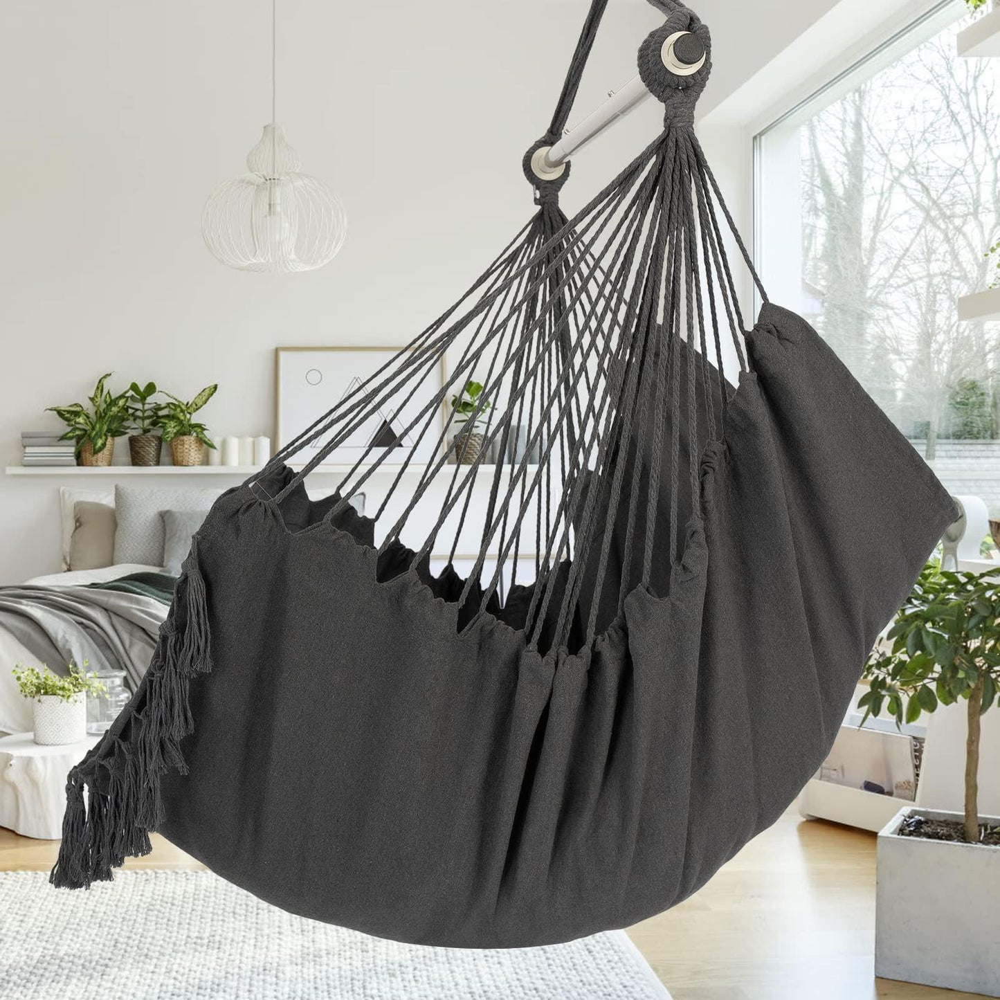 Y- STOP Hammock Chair Hanging Rope Swing, Max 500 Lbs, 2 Cushions Included, Large Macrame Hanging Chair with Pocket, Cotton Weave for Superior Comfort, Durability (Dark Grey) - CookCave