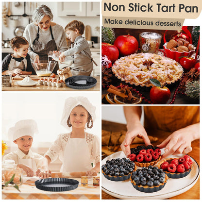 Ziliny 8 Pcs Non Stick Tart Pan 4'' 9.5" 10" 11" 12.6" Quiche Pan with Removable Bottom Round Carbon Steel Mini Pie Pans with Fluted Edges for Mousse Cakes, Dessert Baking, Christmas Party, 5 Sizes - CookCave