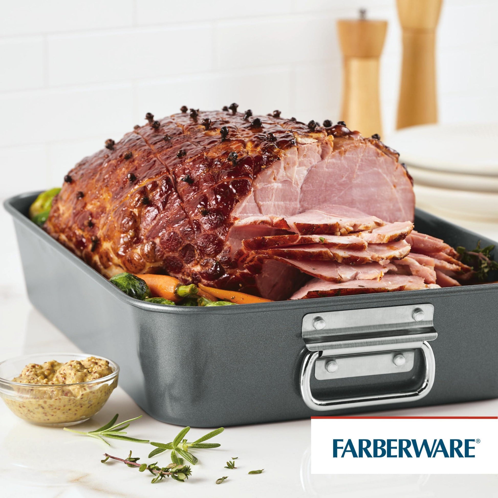 Farberware Bakeware Nonstick Steel Roaster with Flat Rack, 11-Inch x 15-Inch, Gray - CookCave