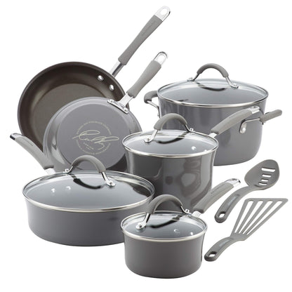 Rachael Ray - 16802 Rachael Ray Cucina Nonstick Cookware Pots and Pans Set, 12 Piece, Sea Salt Gray - CookCave