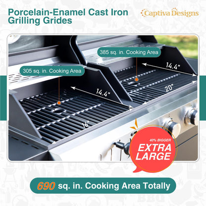 Captiva Designs Propane Gas Grill and Charcoal Grill Combo with Side Burner & Porcelain-Enameled Cast Iron Grate, Dual Fuel BBQ Grill for Outdoor Kitchen & Backyard Barbecue, 690 SQIN Cooking Area - CookCave