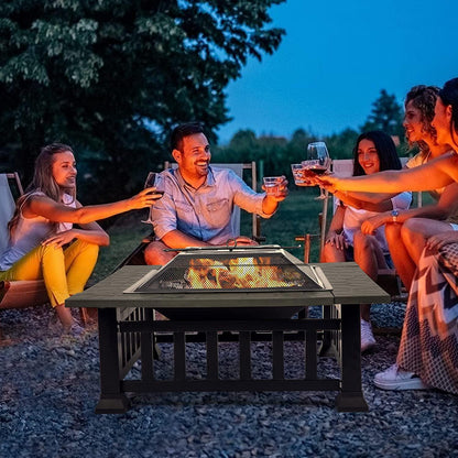 4-in-1 Fire Pit Table for Outside, 32'' Fire Pit Grill Outdoor Wood Burning with Fire Poker,Lid&Rain Cover,Square Bonfire Pits Stove for Camping Patio BBQ Balcony Beach Backyard Heating - CookCave