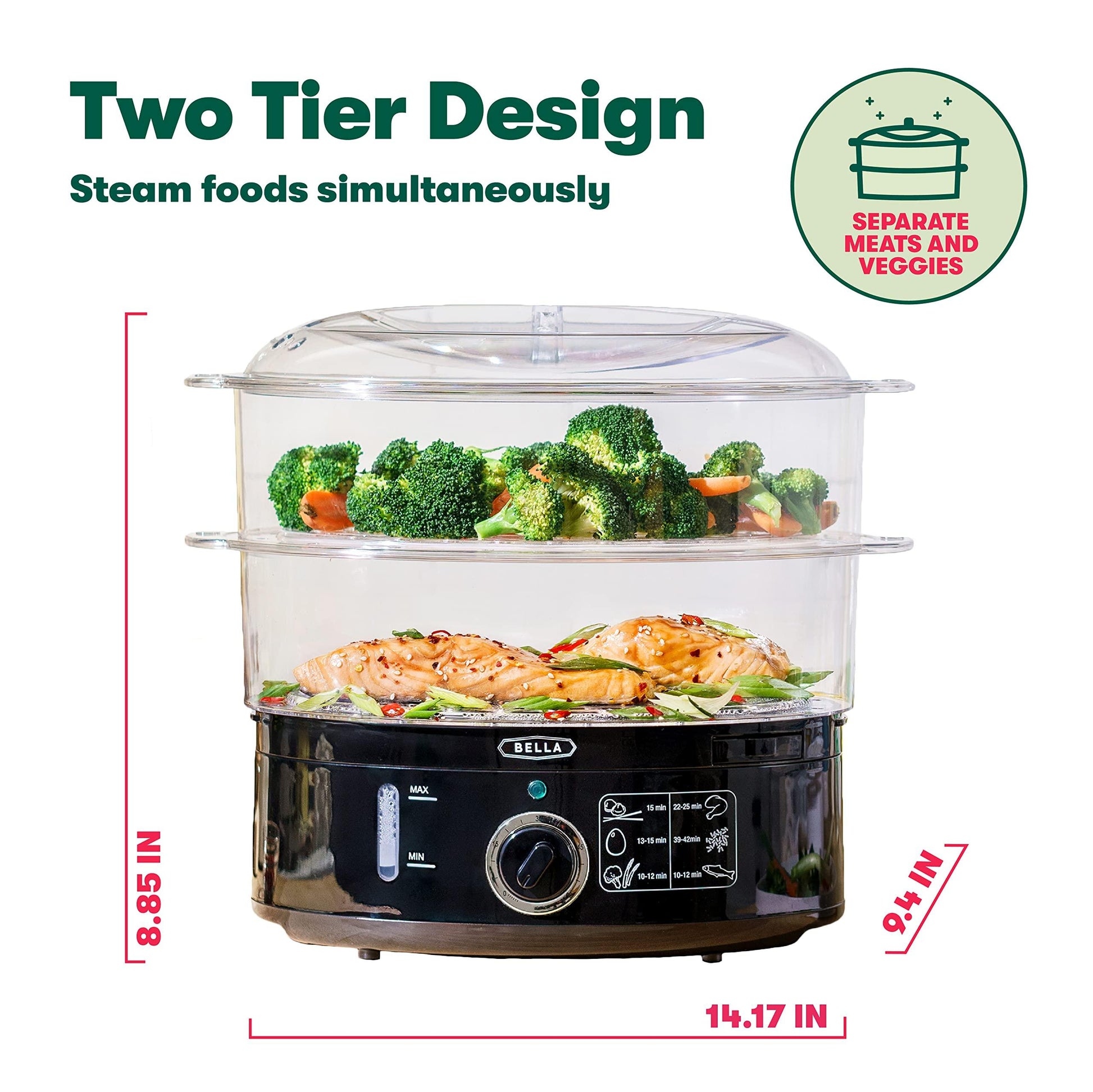 BELLA Two Tier Food Steamer with Dishwasher Safe Lids and Stackable Baskets & Removable Base for Fast Simultaneous Cooking - Auto Shutoff & Boil Dry Protection, 7.4 QT, Black - CookCave