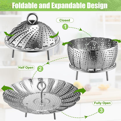 Ziliny Set of 3 Size 304 Stainless Steel Steamer Basket Vegetable Steamer Collapsible Metal Steamer Expandable Steam Insert Rack for Various Pot Fit Veggie Seafood Boiled Eggs Cooking, Adjustable Size - CookCave