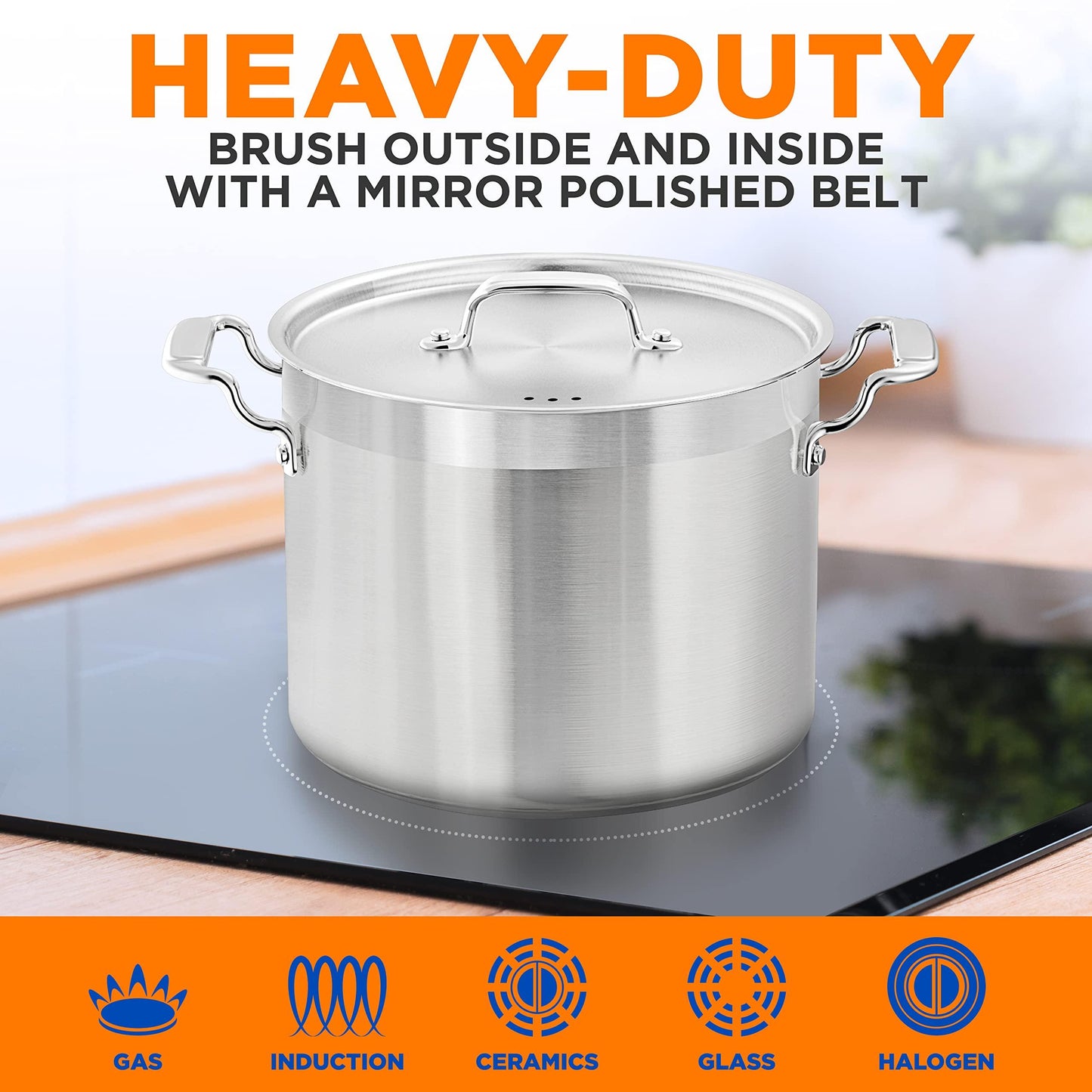 NutriChef Stainless Steel Cookware Stockpot - 14 Quart, Heavy Duty Induction Pot, Soup Pot with Stainless Steel, Lid, Induction, Ceramic, Glass and Halogen Cooktops Compatible - NCSPT14Q - CookCave