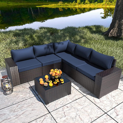 RTDTD Outdoor Patio Furniture Set, 6 Pieces Outdoor Furniture All Weather Patio Sectional Sofa PE Wicker Modular Conversation Sets with Coffee Table,5 Chairs & Seat Clips Dark Blue - CookCave