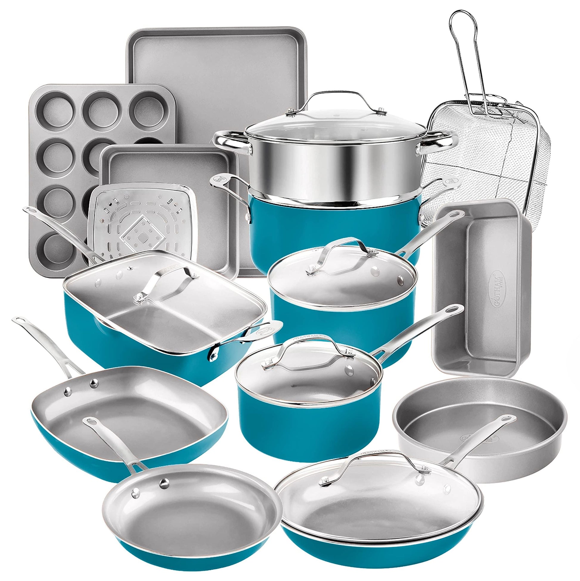 Gotham Steel 20 Piece Pots and Pans Set Nonstick Cookware Set, Pot and Pan Set, Kitchen Cookware Sets, Ceramic Cookware Set, Ceramic Pots and Pans Set, Pot Set, Dishwasher Safe, Aqua Blue - CookCave