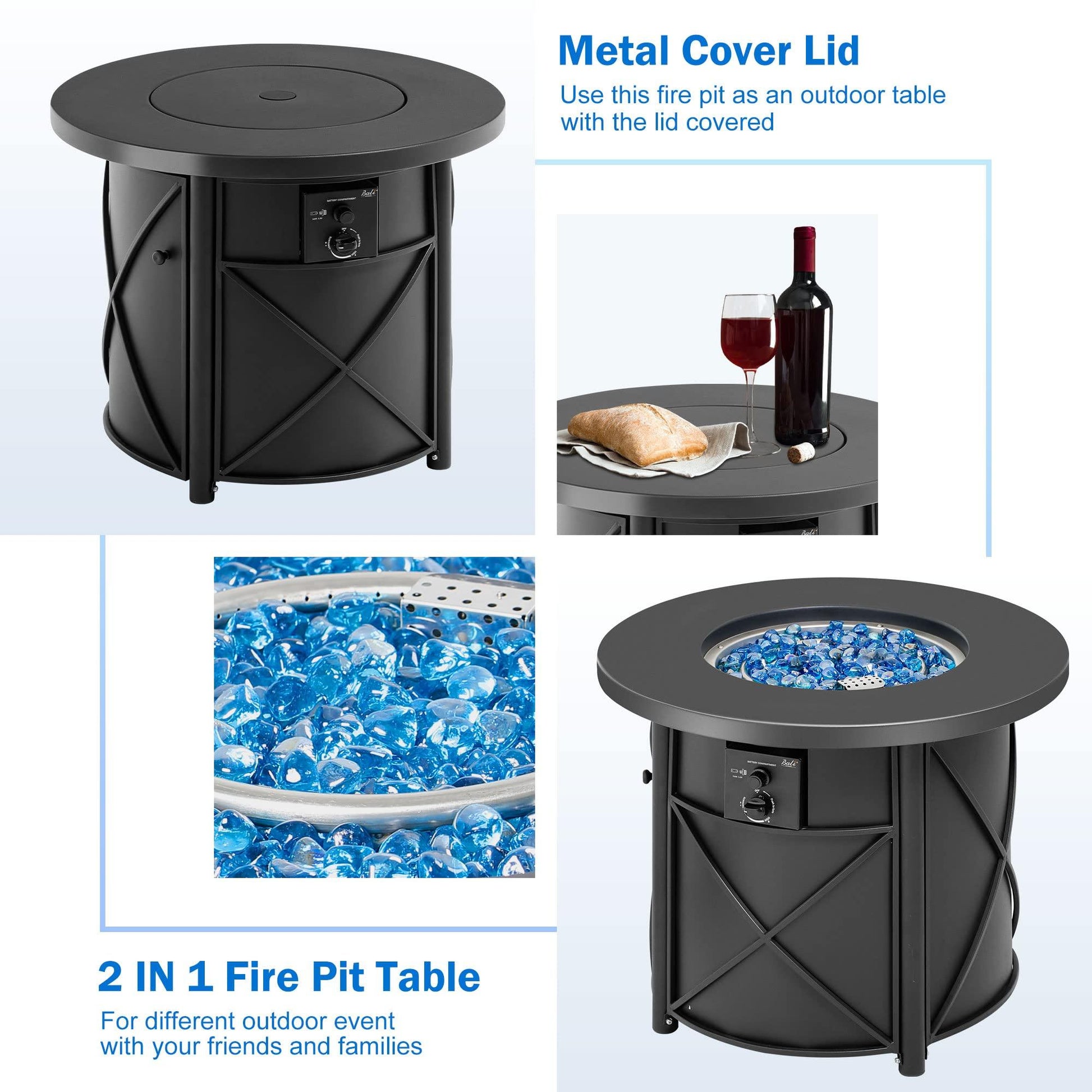 BALI OUTDOORS 30 Inch Round Gas Fire Pit Table, 50,000 BTU Propane Fire Pit Column with Blue Fire Glass Stone for Outside Patio and Garden - CookCave