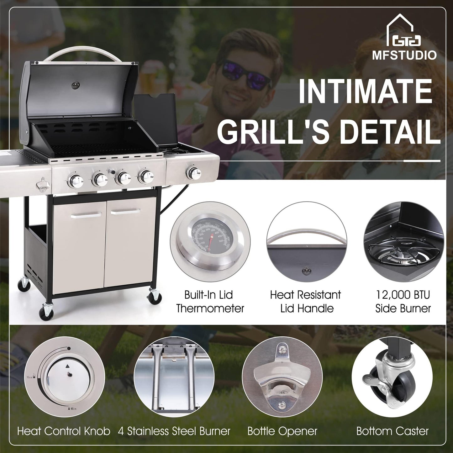 MFSTUDIO 4 Burner Propane Gas BBQ Grill with Porcelain-Enameled Cast Iron Grates and Side Burner, 42,000BTU Outdoor Patio Garden Barbecue Grill, Stainless Steel - CookCave