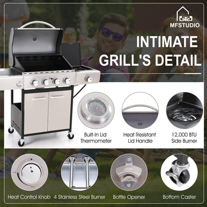 MFSTUDIO 4 Burner Propane Gas BBQ Grill with Porcelain-Enameled Cast Iron Grates and Side Burner, 42,000BTU Outdoor Patio Garden Barbecue Grill, Stainless Steel - CookCave